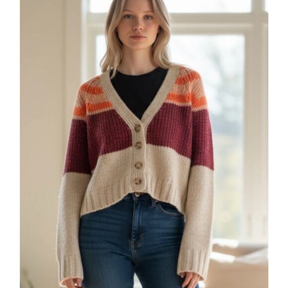 American Eagle Colorblock Button-Up Striped Cardigan Sweater Small Artsy Preppy - Picture 2 of 10